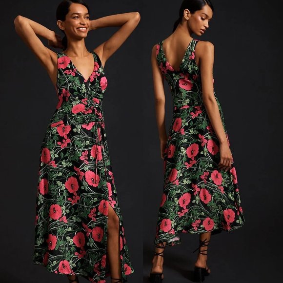 Maeve Dresses & Skirts - NEW Anthropologie Maeve Ruched Midi Dress Pink Black Floral V-Neck Sleeveless